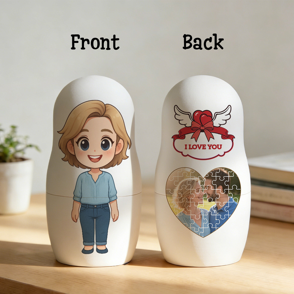 Custom Cartoon Photo Nesting Dolls Personalized Nesting Dolls with Custom Text Heart-Shaped Jigsaw Puzzle Photo Perfect Gifts for Couples - soufeelau