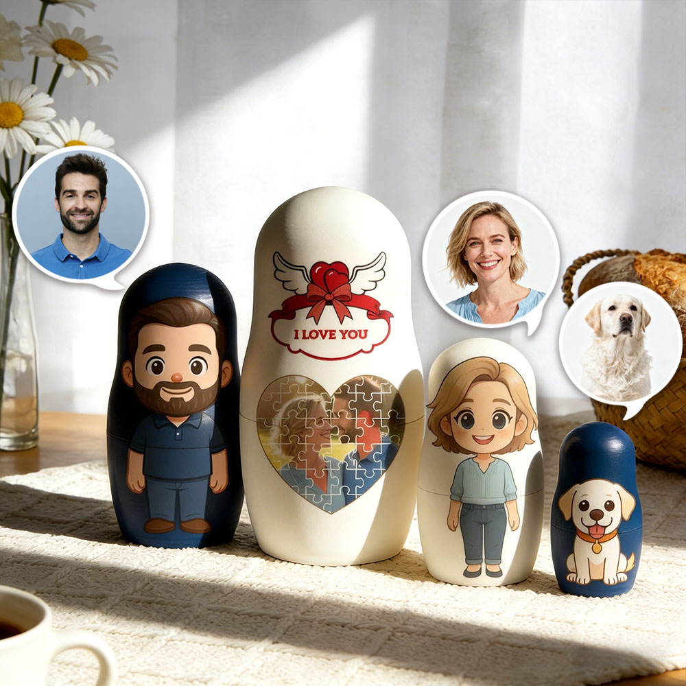 Custom Cartoon Photo Nesting Dolls Personalized Nesting Dolls with Custom Text Heart-Shaped Jigsaw Puzzle Photo Perfect Gifts for Couples - soufeelau