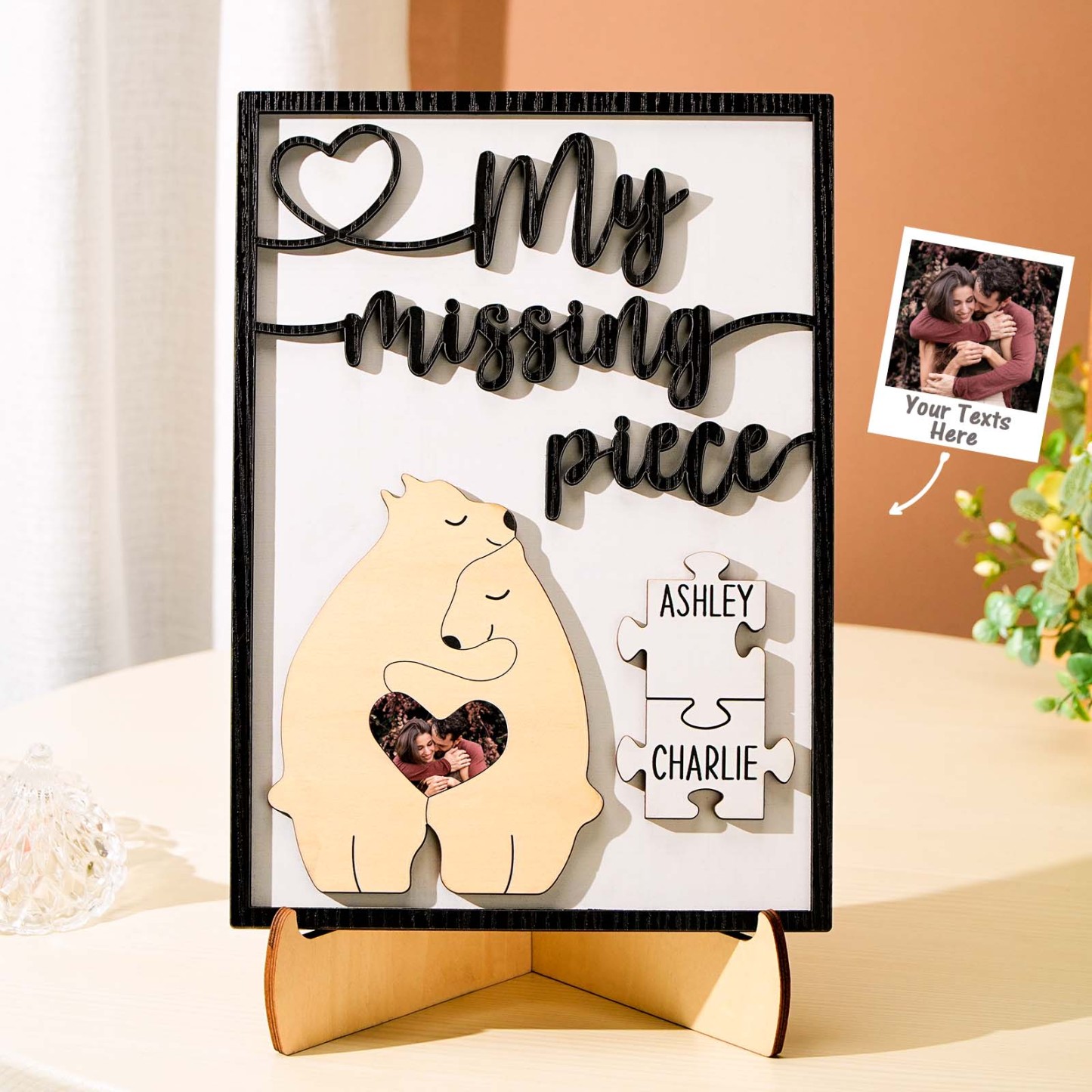 My Missing Piece Personalized Photo and Name Bear Couple 2 Layered Wood Plaque