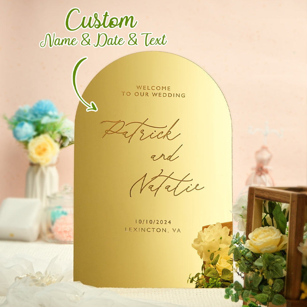 Personalized Arched Wedding Sign Gold Mirror Welcome Sign Gift for Wedding - soufeelau