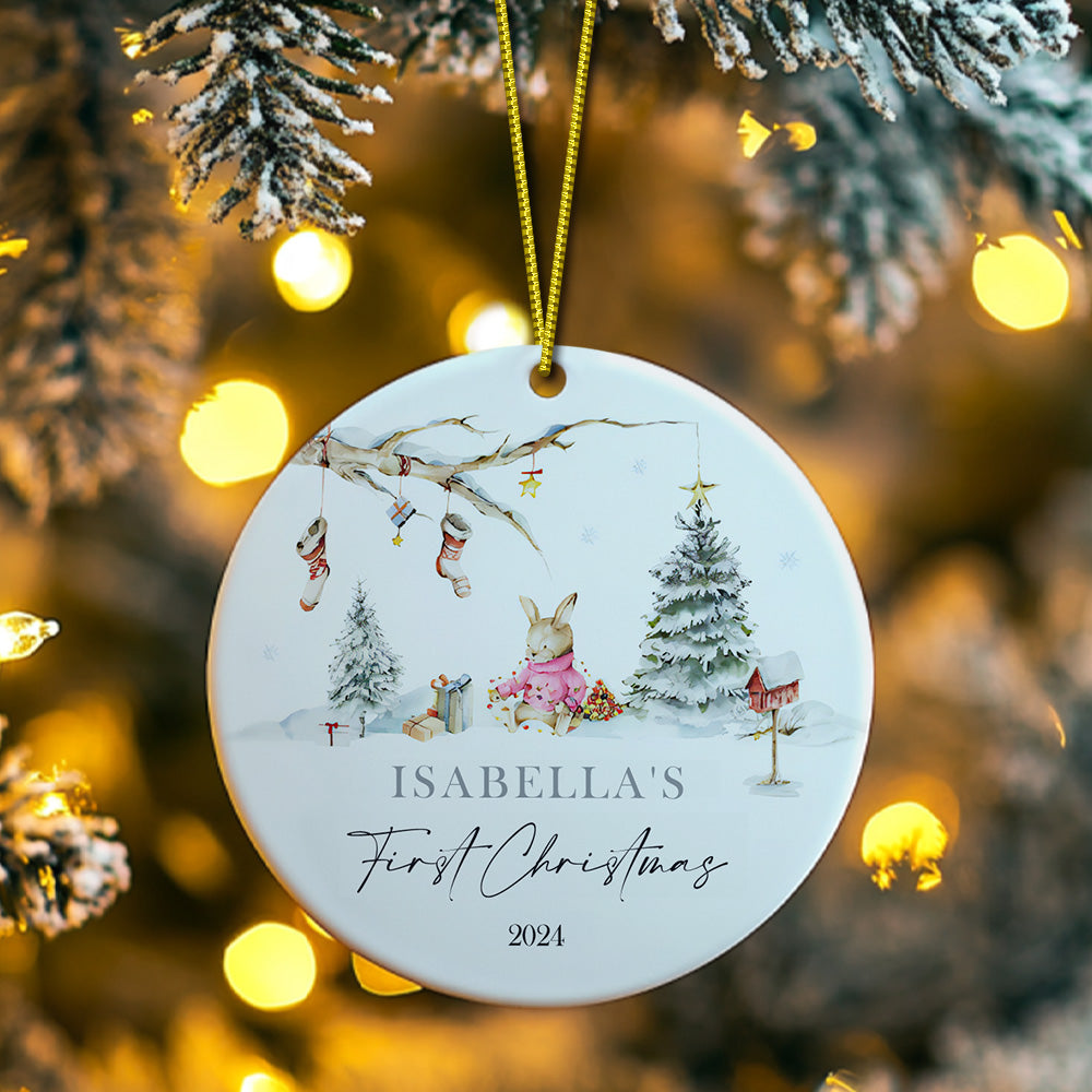Personalized Rabbit Ceramic Ornament with Name Baby's First Christmas Ornament for New Baby Christmas Gift - soufeelau