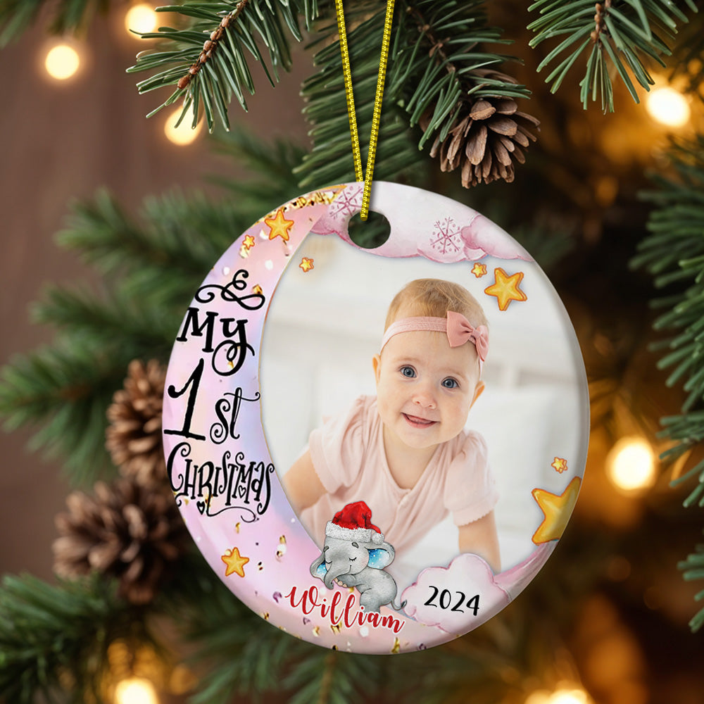 Personalized Baby's First Christmas Ornament Cute Elephant Circle Ornament Christmas Gift for Kid - soufeelau