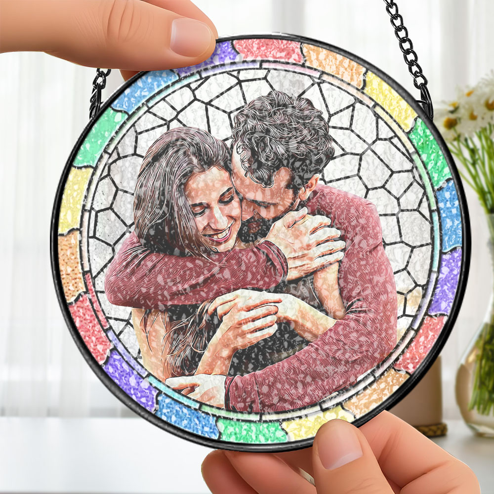 Custom Photo Where There Is Love There Is Life Couple Personalized Window Hanging Suncatcher Gift For Husband Wife Anniversary - soufeelau