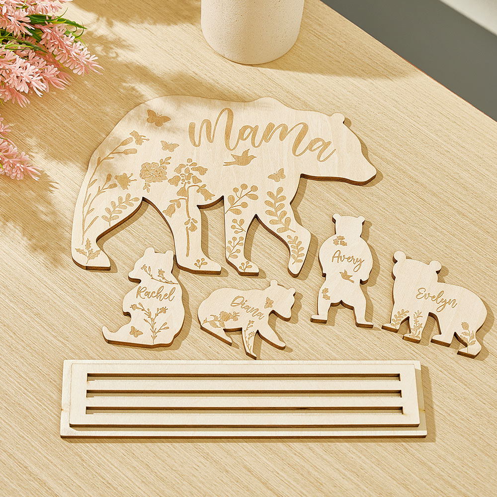 Personalized Mama Bear with Cubs Wood Desk Decor Gift for Mom - soufeelau