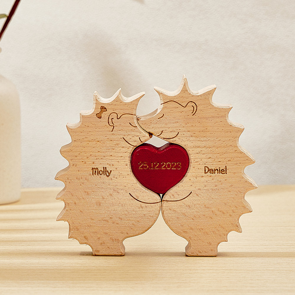 Custom Wooden Hedgehog Puzzle Personalized Hedgehog Family Names Puzzle Home Decor Gifts - soufeelau
