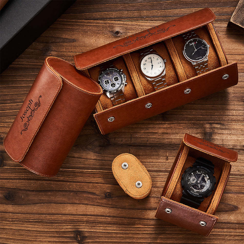 Customized Leather Watch Organizer Roll Storage Box Gift for Him - soufeelau