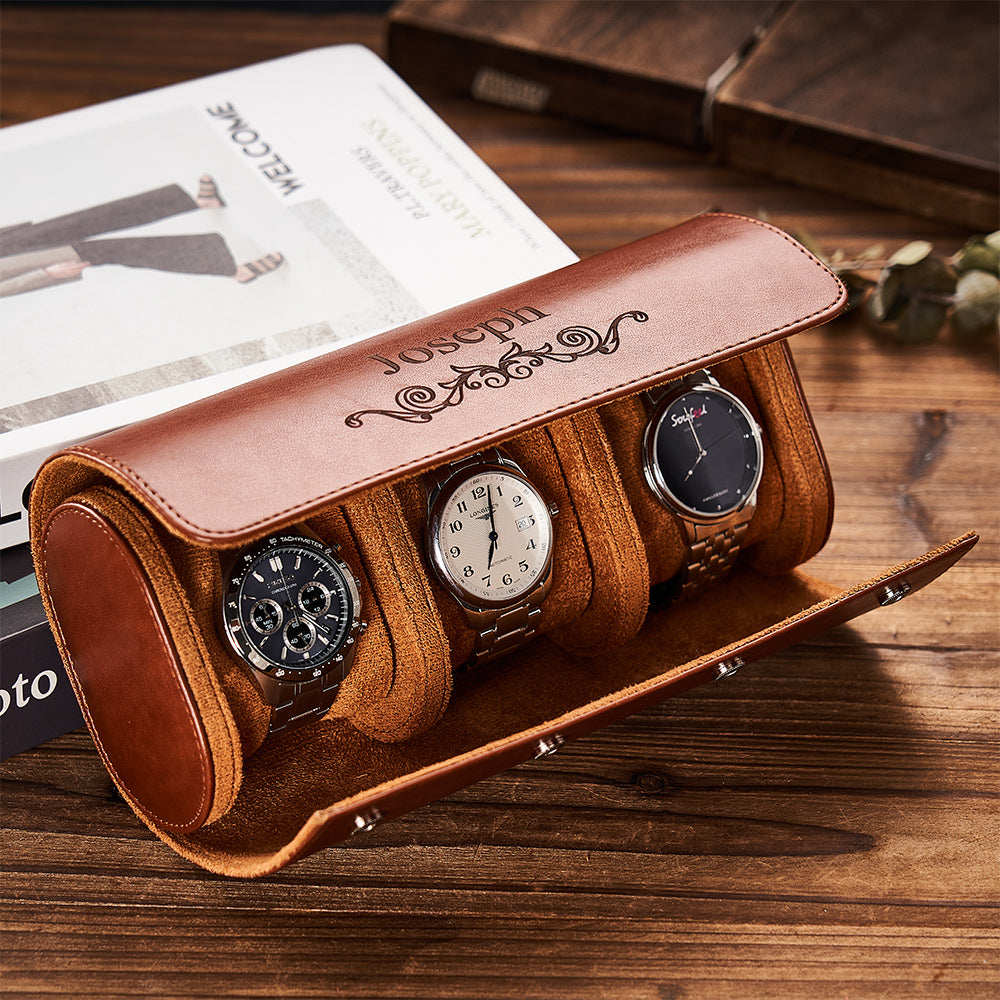 Customized Leather Watch Organizer Roll Storage Box Gift for Him - soufeelau