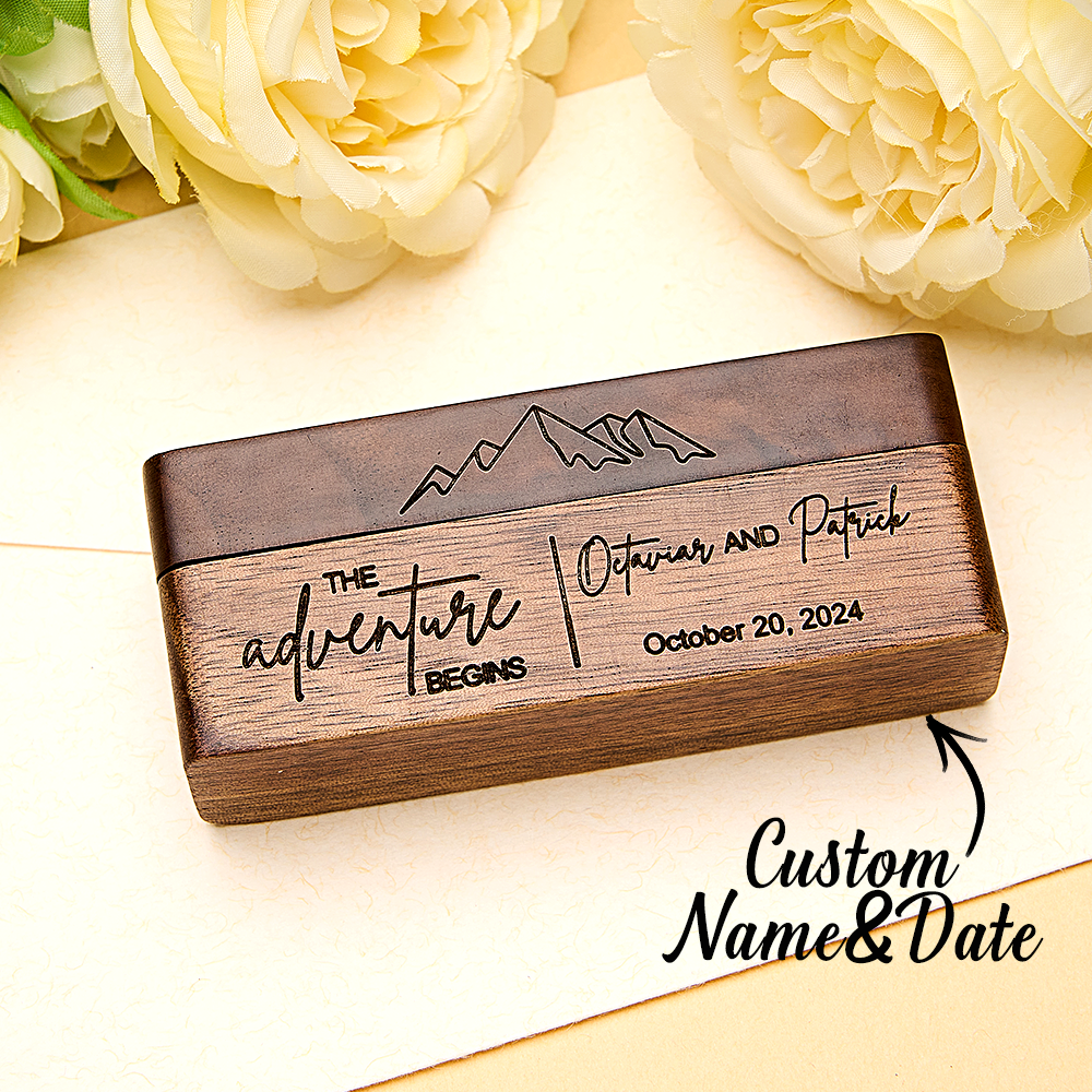 Personalized Rustic Engraved Wood 2 Rings Bearer Box with Date & Name Wedding Proposal Gift for Couple - soufeelau