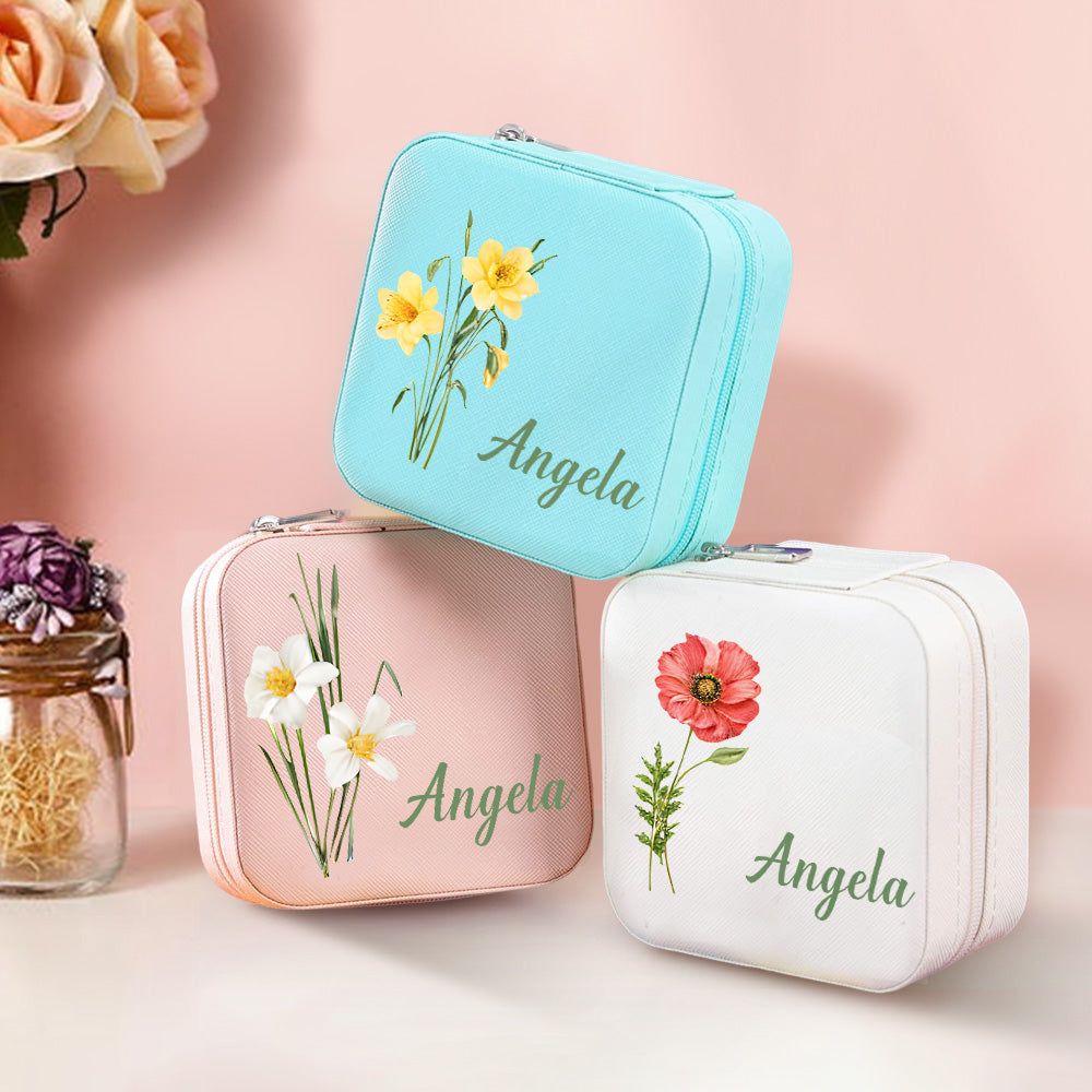 Personalized Name PU Leather Jewelry Box Birthflower Jewelry Organizer Gifts for Her - soufeelau