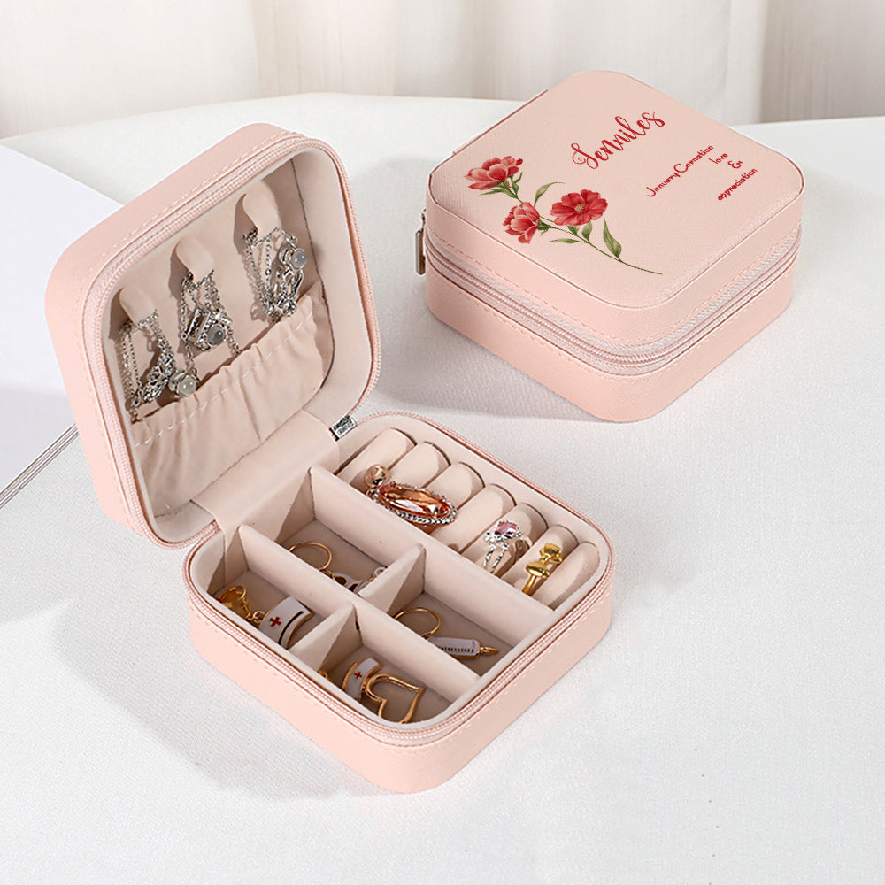 Personalized Birth Flower Leather Jewelry Box Bridesmaid Gift for Her - soufeelau