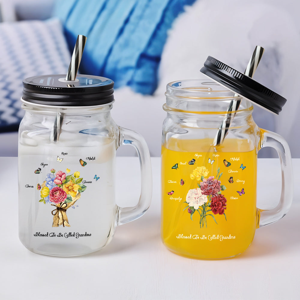 Personalized Birth Butterfly Bouquet Mason Jar with Handle Lid and Straw Birthday Gift for Mom Grandma - soufeelau