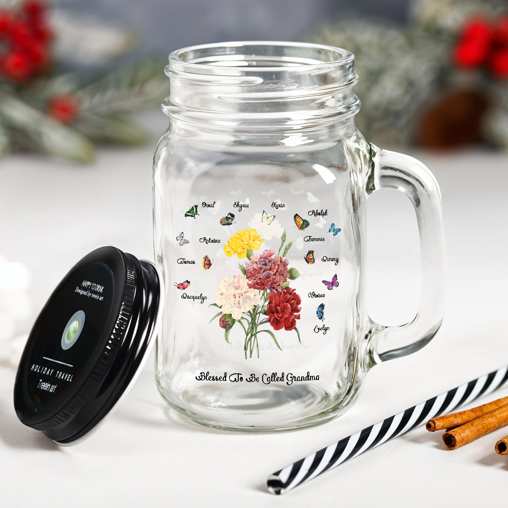 Personalized Birth Butterfly Bouquet Mason Jar with Handle Lid and Straw Birthday Gift for Mom Grandma - soufeelau