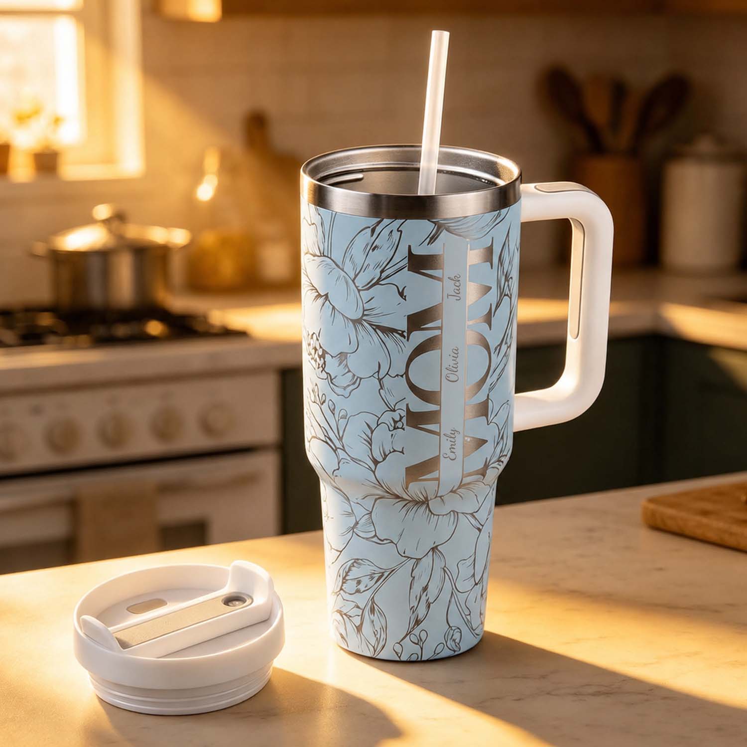 Custom Kids' Names  Tumbler Floral Mom Mother's Day Gifts Personalized 40oz Tumbler - soufeelau