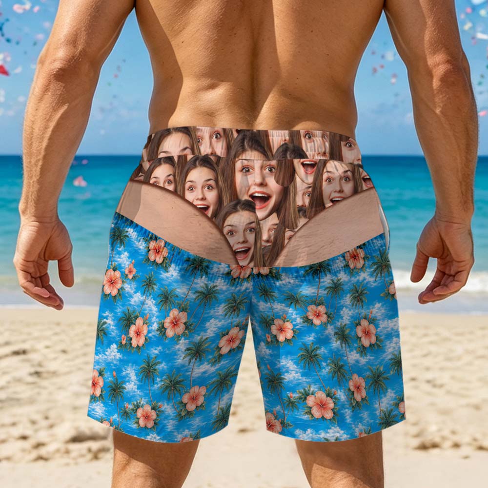 Custom Face Funny Men’s Swim Trunks - Fake Underwear Beach Shorts, Birthday Gag Gift For Him - soufeelau