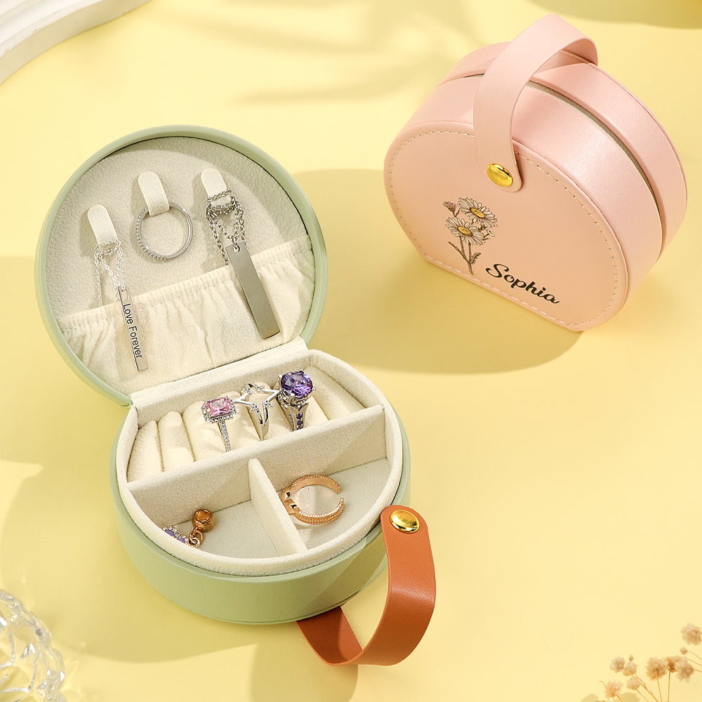 Personalized Birth Flower Jewelry Box with Name Leather Jewelry Box Birthday Gift for Her - soufeelau