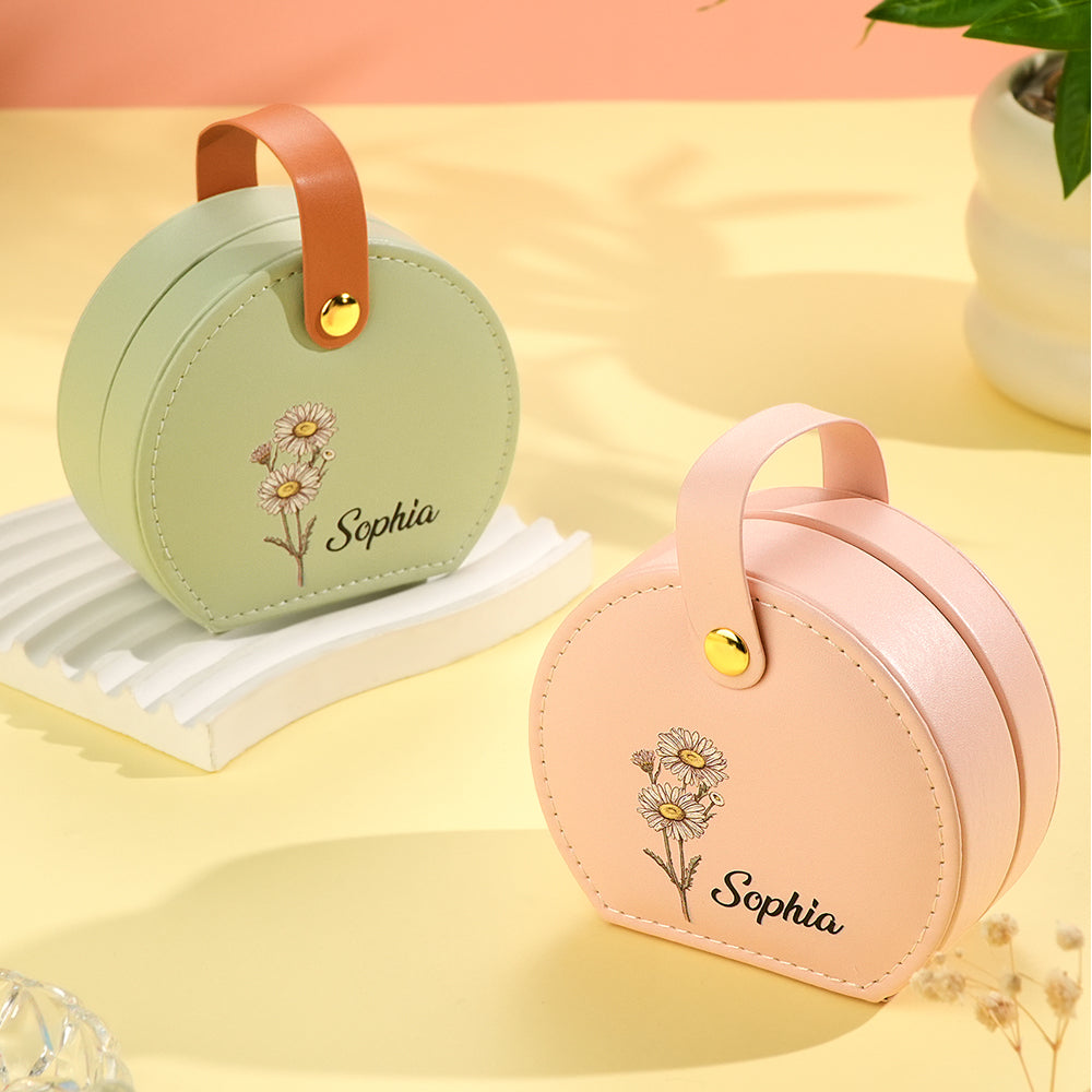Personalized Birth Flower Jewelry Box with Name Leather Jewelry Box Birthday Gift for Her - soufeelau