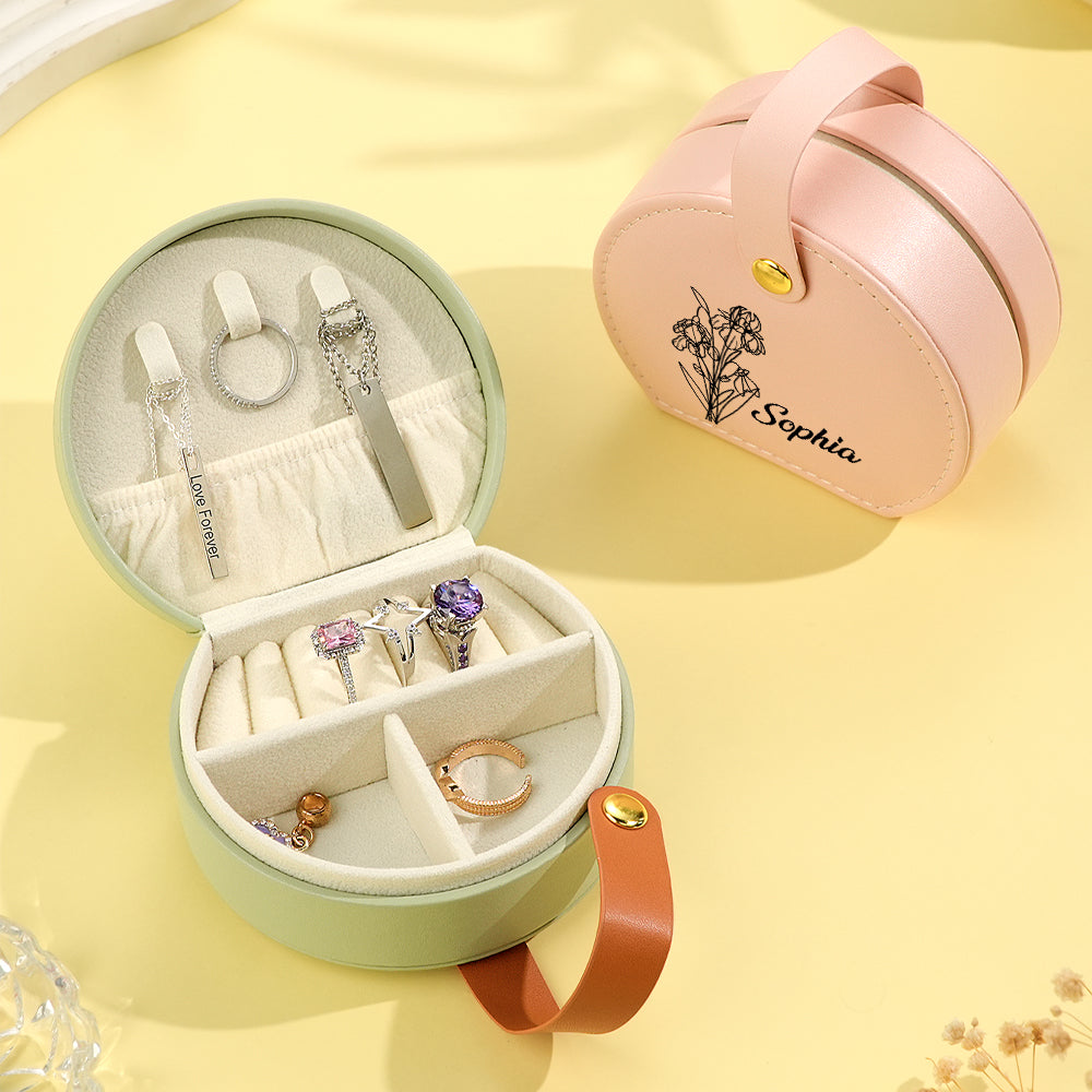 Personalized Birth Flower Leather Jewelry Box with Name Jewelry Box Gift for Her - soufeelau