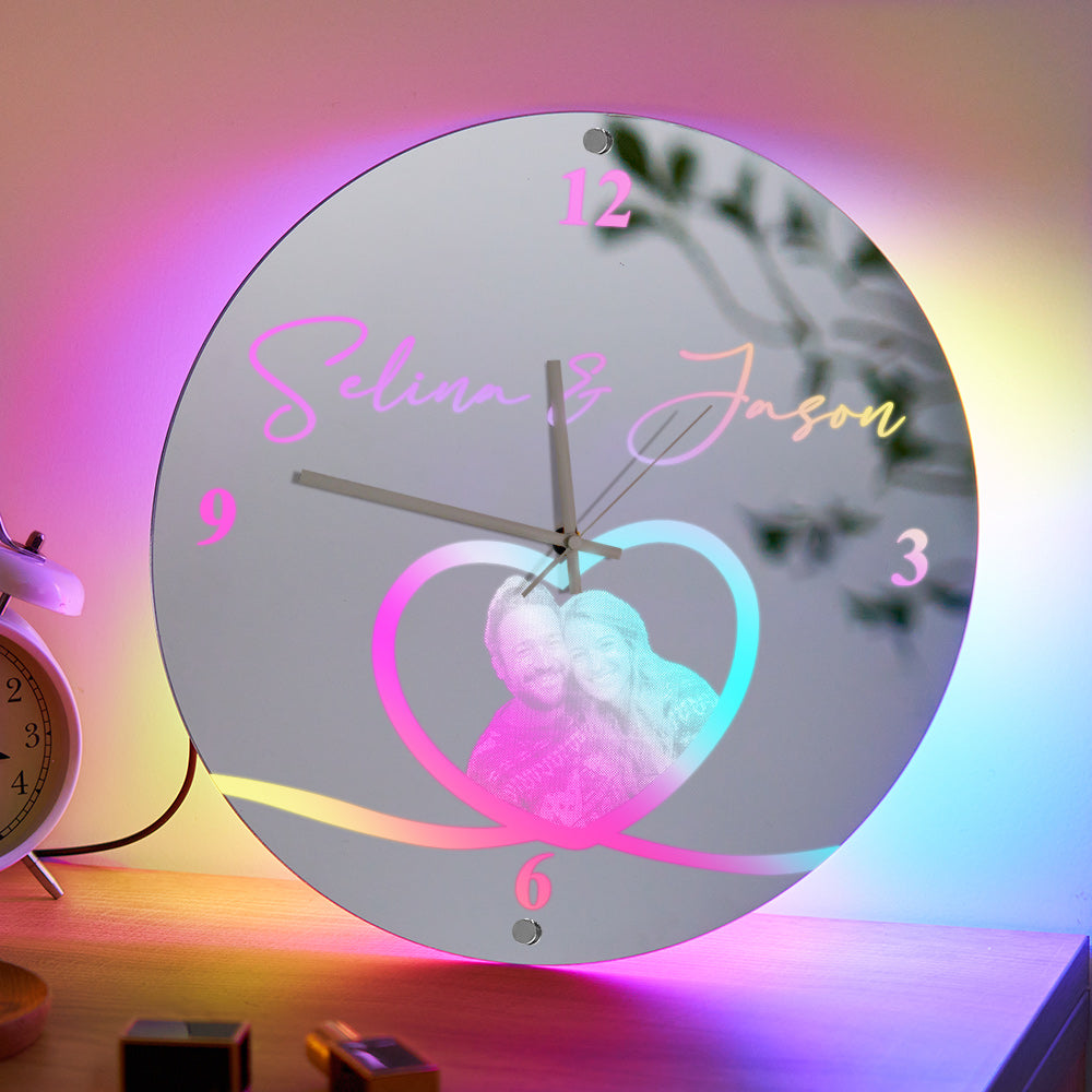 Custom Photo Clock Personalized Name Mirror Light Wall Decor - soufeelau