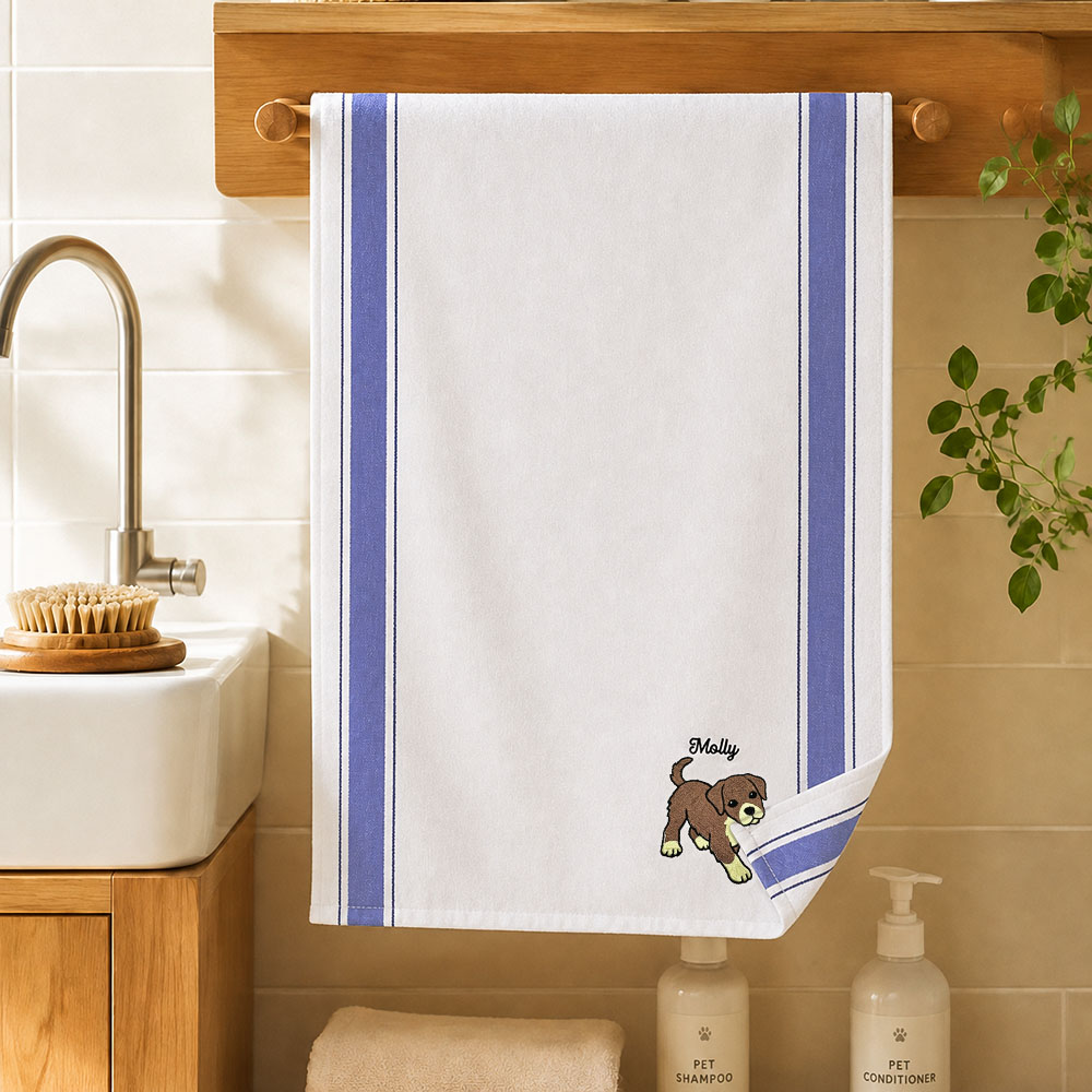 Personalized Dog & Cat Embroidered Hand Towel – Custom Pet Name Towel for Bathroom & Kitchen