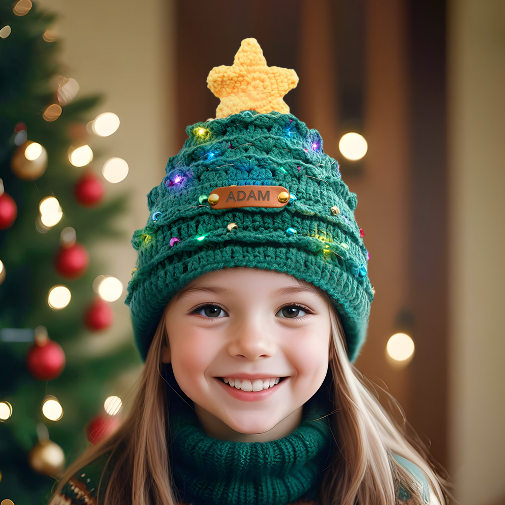 Custom Leather Patch Christmas Tree Crochet Hat Gifts for Children Christmas Gifts - soufeelau