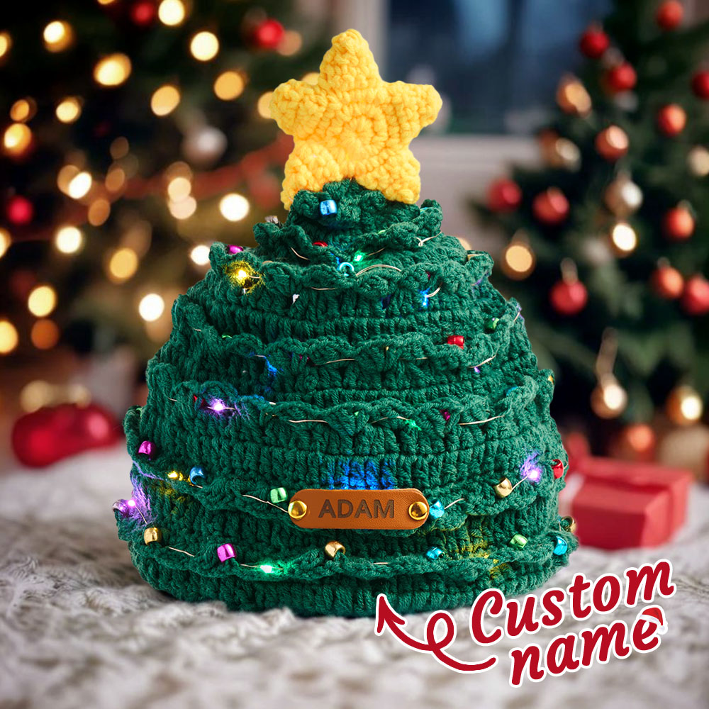 Custom Leather Patch Christmas Tree Crochet Hat Gifts for Children Christmas Gifts - soufeelau