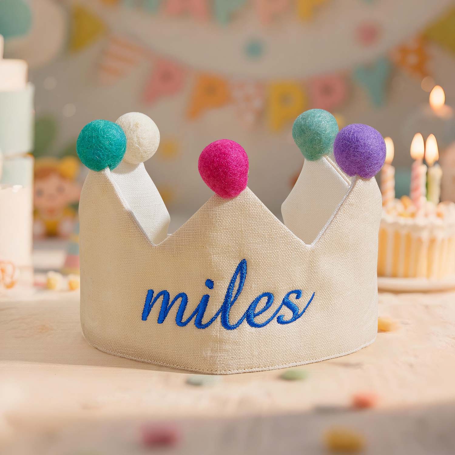 Custom Name Embroidered Linen Crown for Kids and Children's Birthdays Keepsake for First Birthday Party Birthday Gift - soufeelau