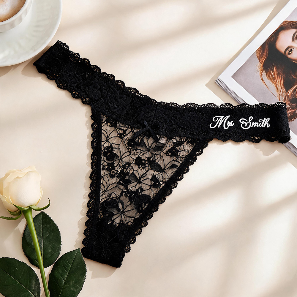 Personalized Embroidered Lace Bridal Thong – Custom Wedding Lingerie Gift for Bride - soufeelau