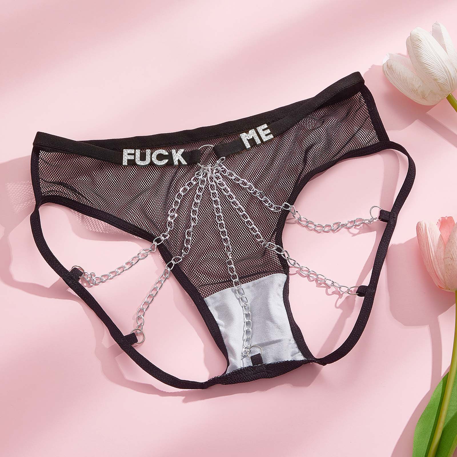 Custom Rhinestone Alphabet Thong Mesh Sexy Mesh Chain - soufeelau