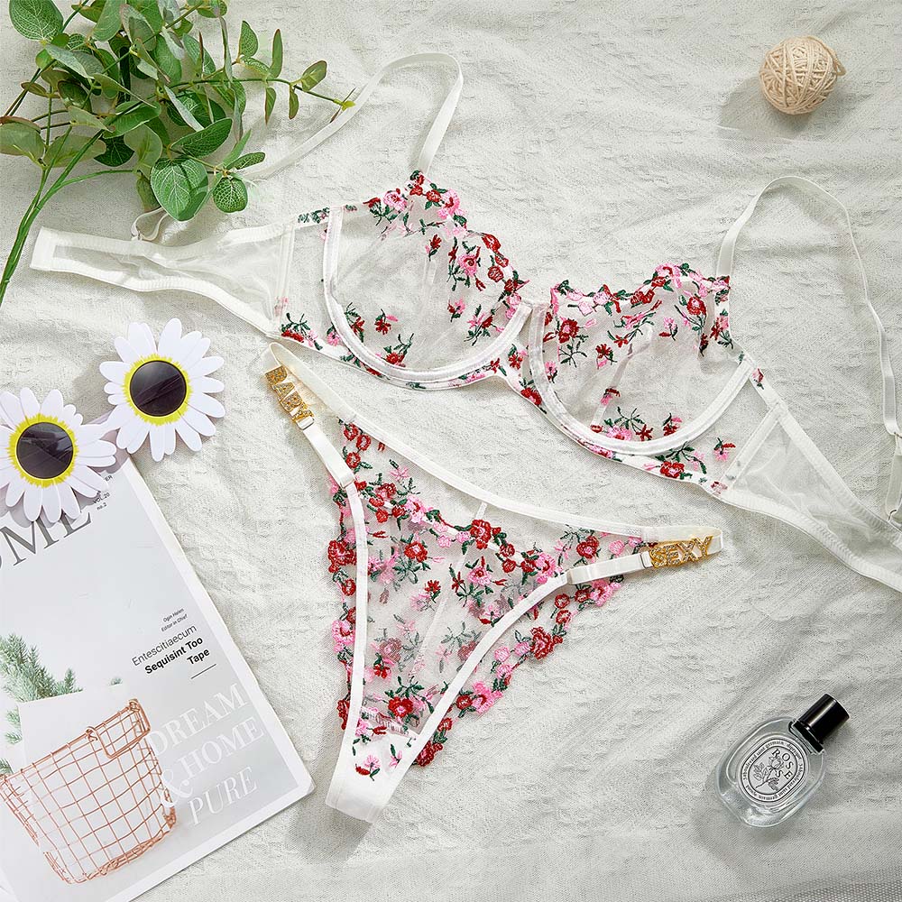 Custom Rhinestone Alphabet Sexy Embroidered Thong Bra Set - soufeelau