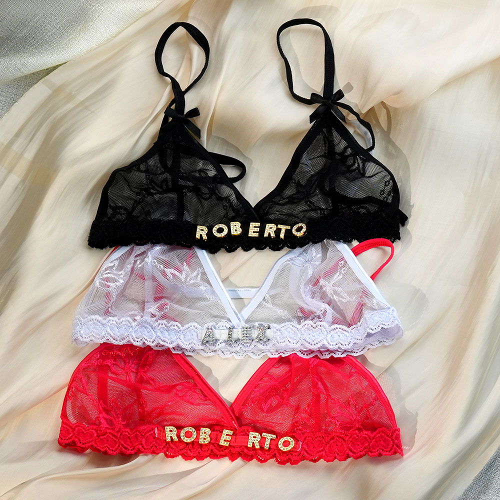 Custom Lace Bra With Jewelry Crystal Letter Name Lace Transparent Underwear Gift For Her - soufeelau