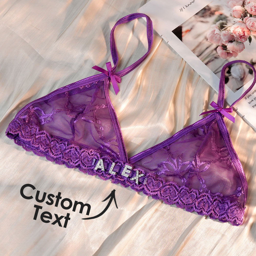 Custom Lace Bra With Jewelry Crystal Letter Name Lace Transparent Underwear Gift For Her - soufeelau
