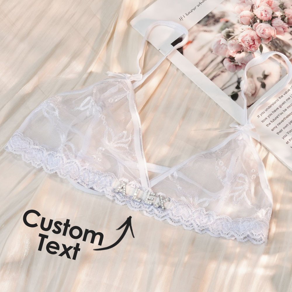 Custom Lace Bra With Jewelry Crystal Letter Name Lace Transparent Underwear Gift For Her - soufeelau