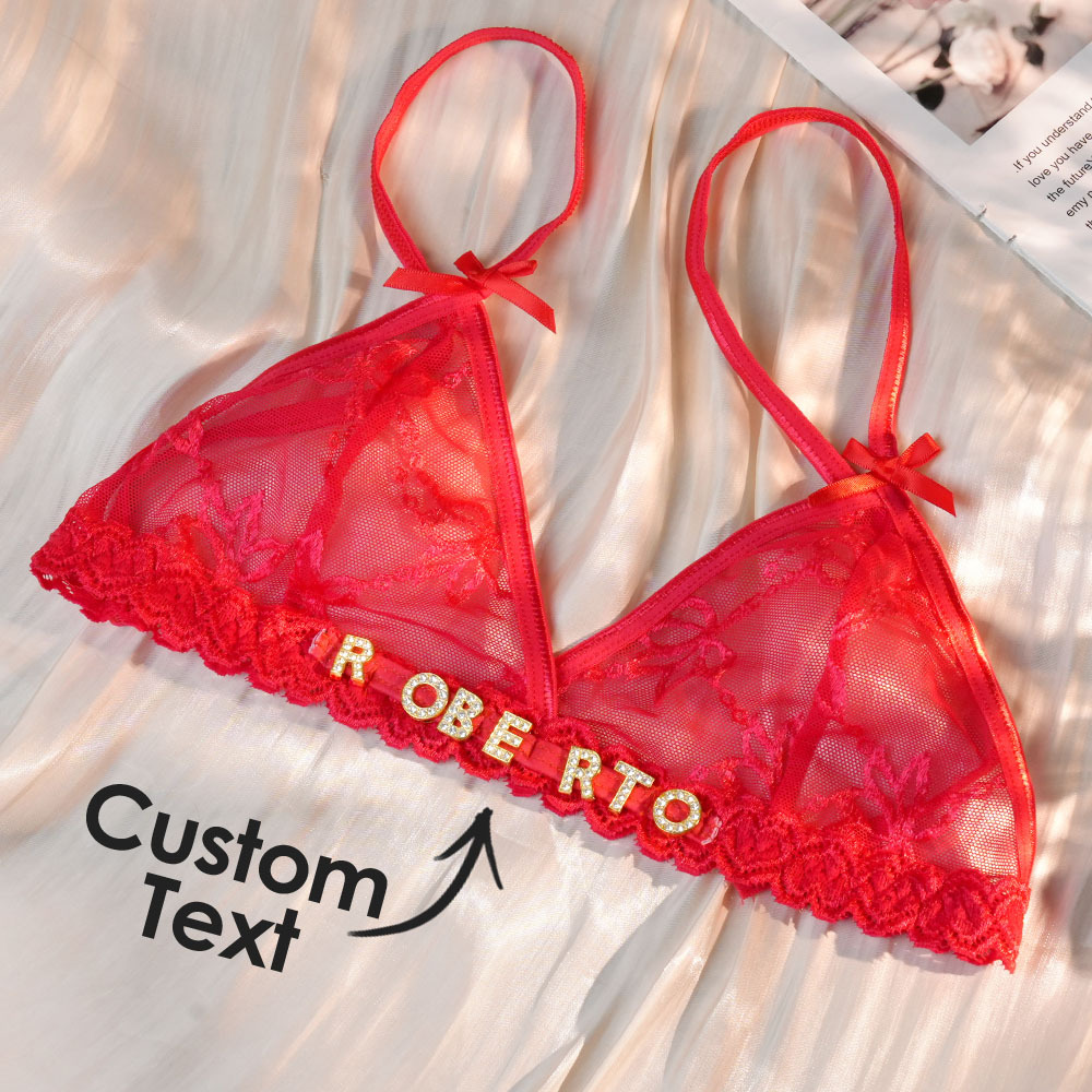 Custom Lace Bra With Jewelry Crystal Letter Name Lace Transparent Underwear Gift For Her - soufeelau