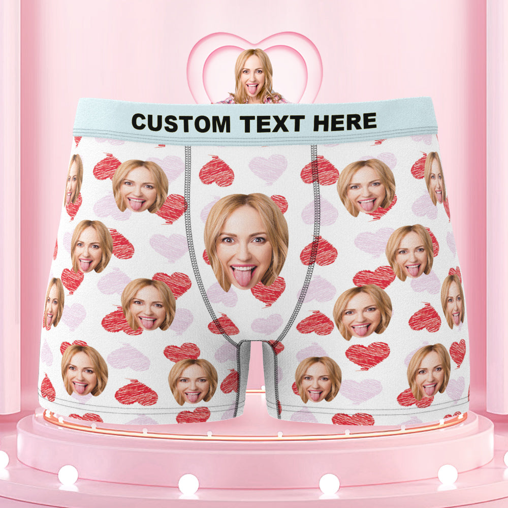 Custom Face Boxer Shorts Colorful Waistband Boxer Briefs Red and Pink Hearts Gifts For Him - soufeelau