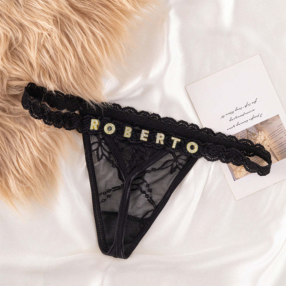Custom Lace Thongs with Jewelry Crystal Letter Name Gift for Her