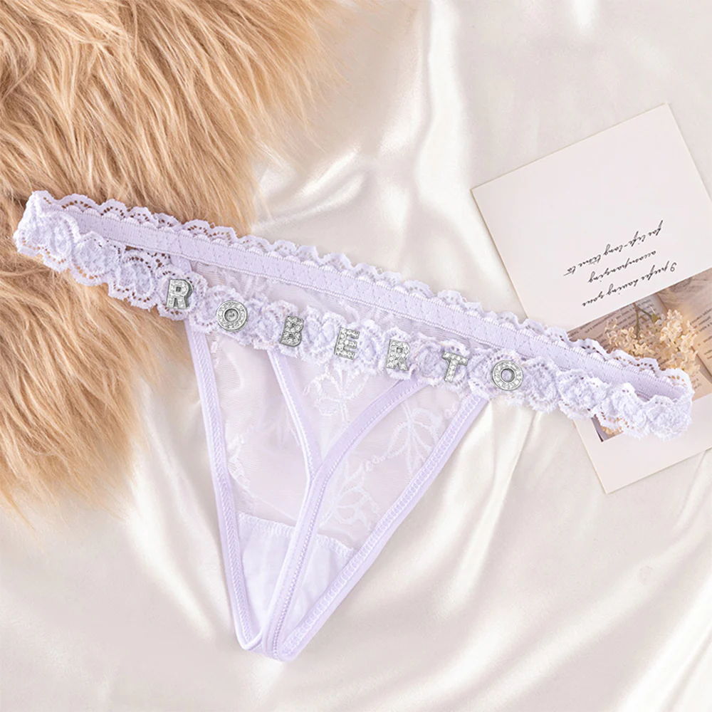 Custom Lace Thongs with Jewelry Crystal Letter Name Gift for Her
