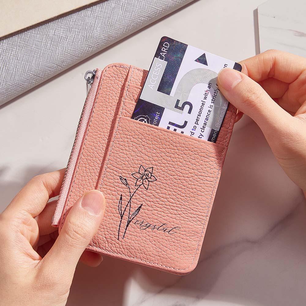 Personalized Birth Flower Leather Wallet with Name 8 Card Slots Wallet Birthday Gift for Her - soufeelau