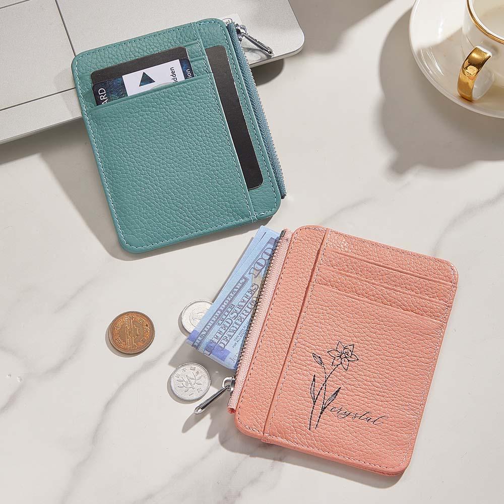 Personalized Birth Flower Leather Wallet with Name 8 Card Slots Wallet Birthday Gift for Her - soufeelau