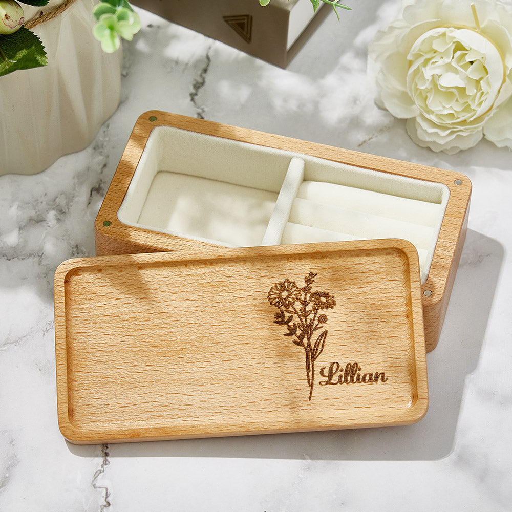 Personalized Birth Flower Jewelry Box Custom Name Jewelry Organizer Gift for Her - soufeelau