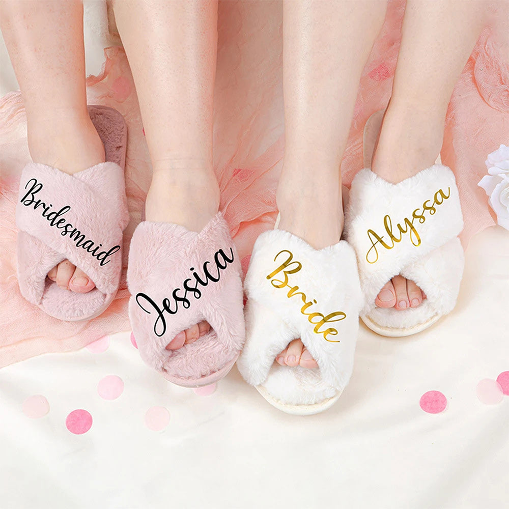 Custom Fluffy Slippers Fluffy Cross Slippers Bride Slippers Bridesmaid Gift - soufeelau