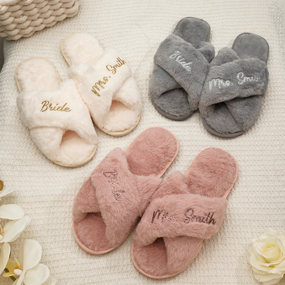 Custom Fluffy Slippers Fluffy Cross Slippers Bride Slippers Bridesmaid Gift - soufeelau