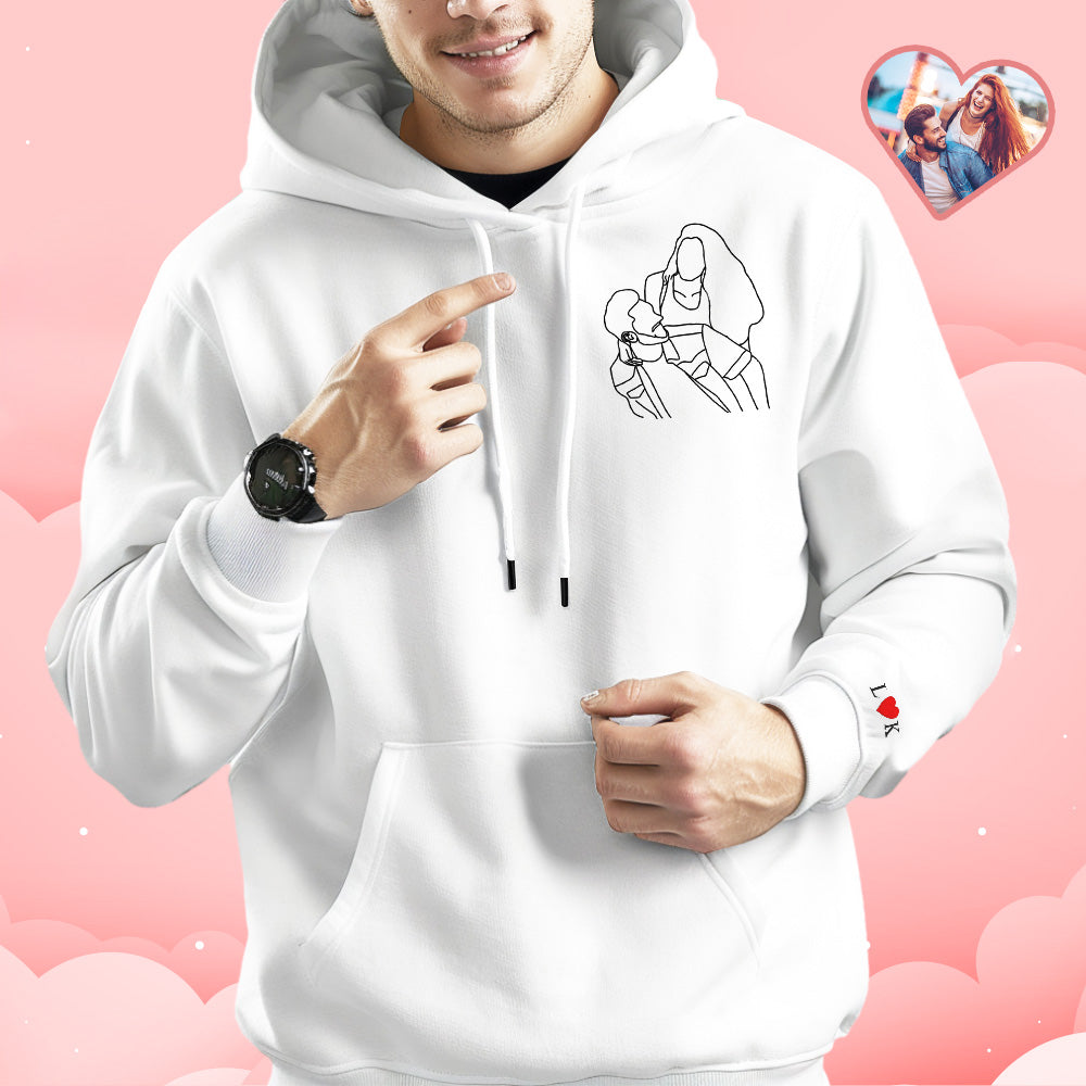 Custom Embroidered Photo Outline Hoodie With Letters Sweatshirt Gifts For Couples - soufeelau