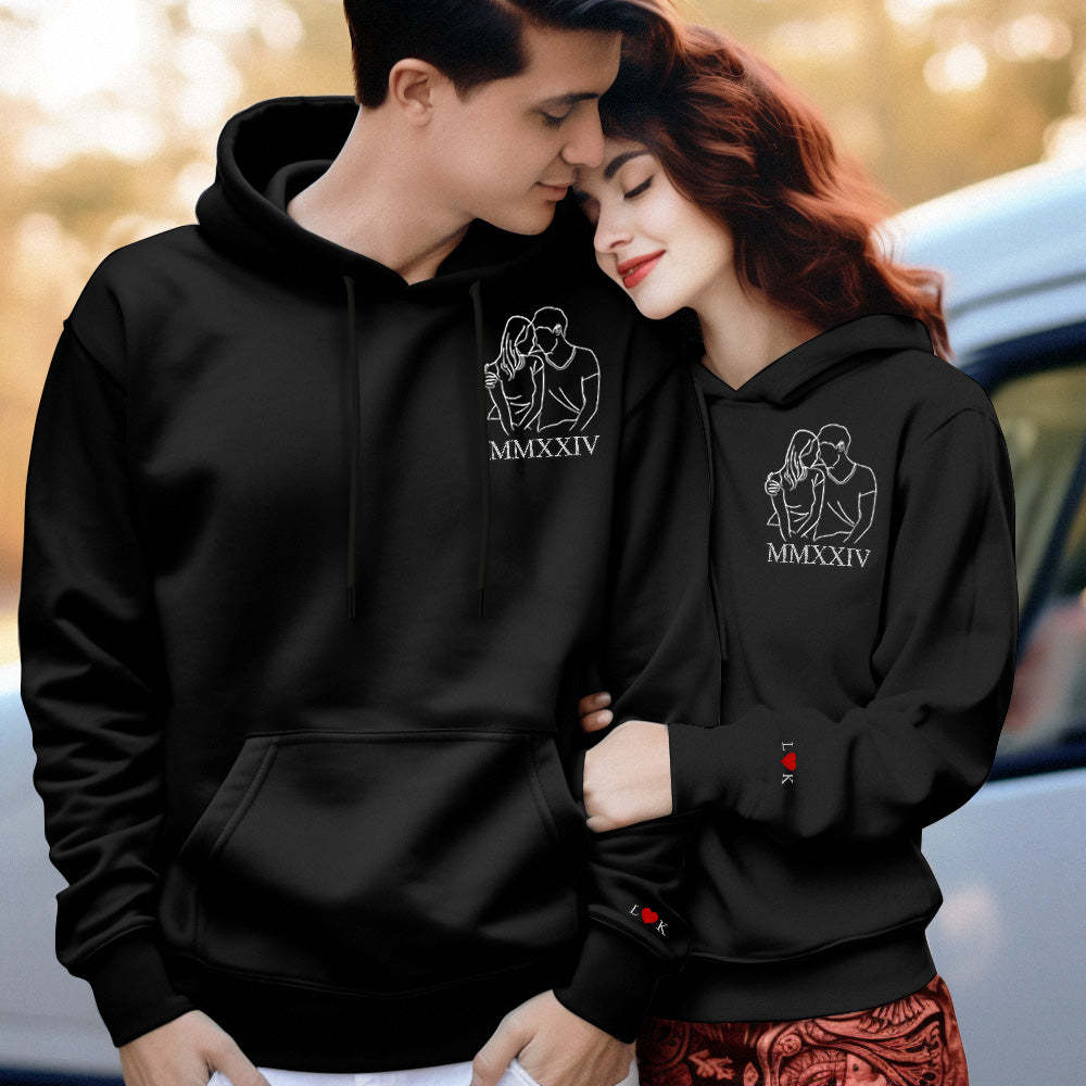 Custom Embroidered Photo Outline Hoodie With Roman Numerals Sweatshirt Gifts For Couples - soufeelau