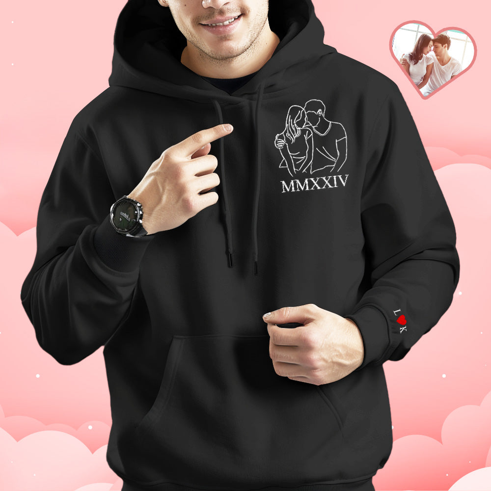 Custom Embroidered Photo Outline Hoodie With Roman Numerals Sweatshirt Gifts For Couples - soufeelau