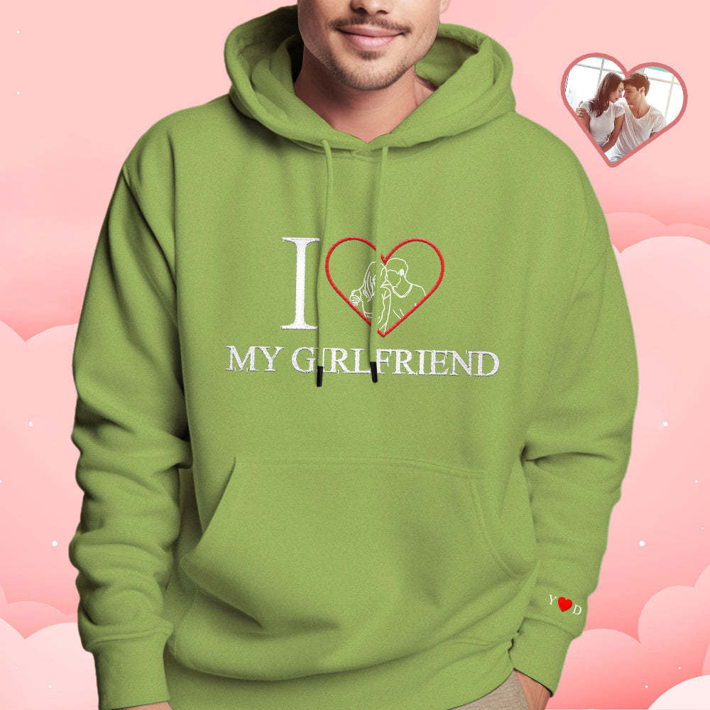 Personalized Embroidered Photo Outline Hoodie Red Heart Custom Picture Portrait Sweatshirt Valentine Gift - soufeelau