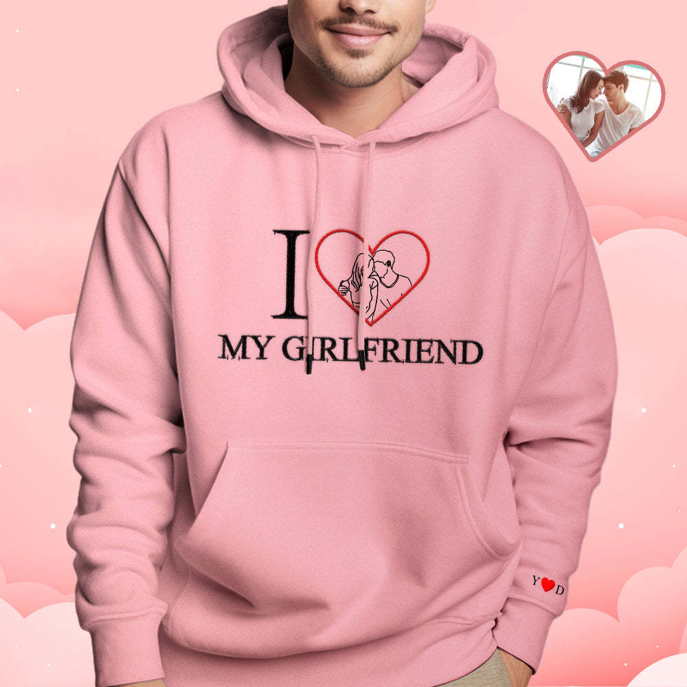 Personalized Embroidered Photo Outline Hoodie Red Heart Custom Picture Portrait Sweatshirt Valentine Gift - soufeelau