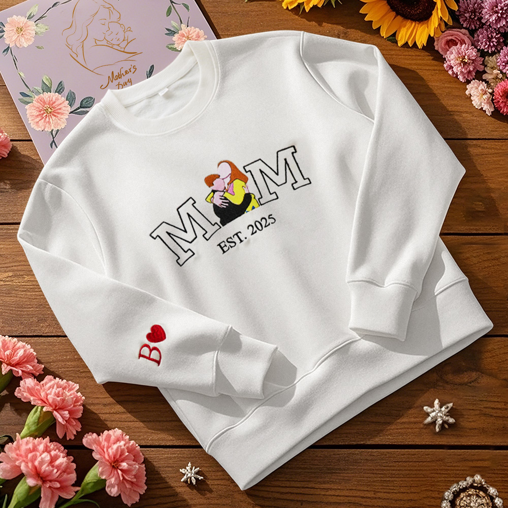 Custom Embroidered Hoodie Mama Sweatshirt with Photo Mama and Kids Portrait Varsity Shirt Mother's Day Gifts - soufeelau