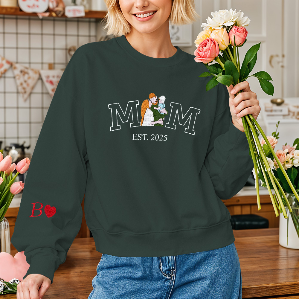 Custom Embroidered Hoodie Mama Sweatshirt with Photo Mama and Kids Portrait Varsity Shirt Mother's Day Gifts - soufeelau