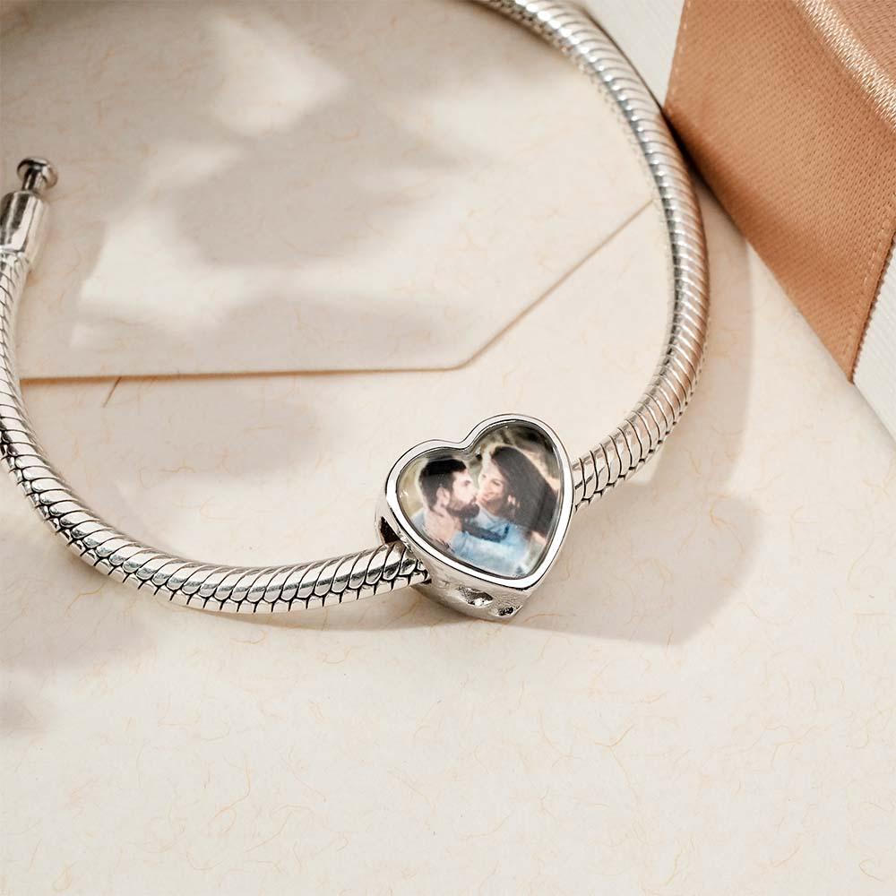 Custom Heart Photo Charm With Pink Zircon Heart Diamond Gifts For Her