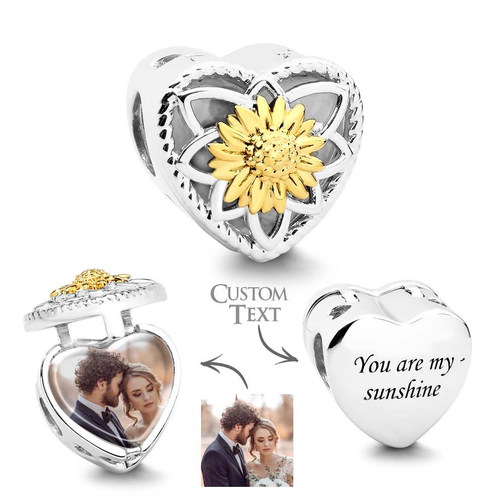 Sunflower Photo Charms Heart Shaped Christmas Charm Bead for Women Mothers Valentines Day Gift - soufeelau